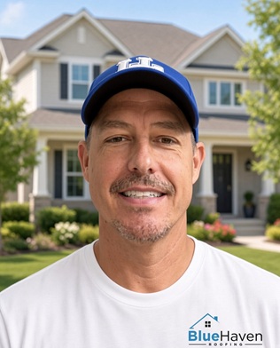 Jeremy Kruger, owner of Blue Haven Roofing, standing in front of a home